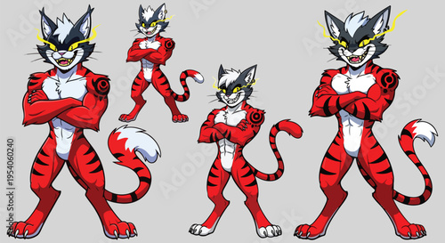 Powerful red striped anthropomorphic tiger character design in various confident poses, featuring glowing eyes and crossed arms on transparent background. on transparent background