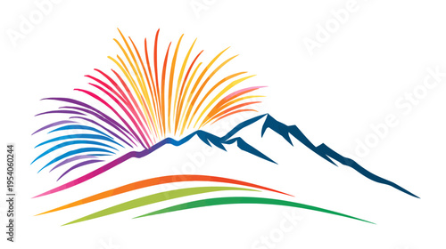 A vibrant illustration showcasing fireworks emanating from mountains over a multi-colored gradient