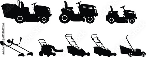 Silhouettes of diverse lawn care equipment including ride-on mowers, push lawn mowers, and string trimmers isolated on white background for landscaping, gardening, and outdoor maintenance concepts