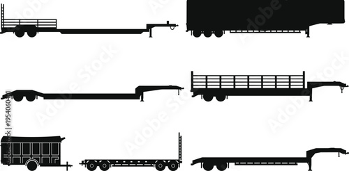 Silhouettes of diverse trailer types including flatbed, enclosed, utility, and gooseneck trailers arranged in rows, ideal for transport, logistics, and vehicle identification purposes.