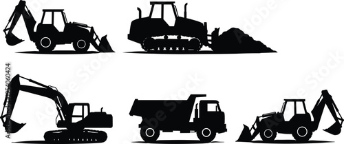 Silhouettes of heavy construction vehicles including bulldozer, excavator, dump truck, and backhoe loader, 