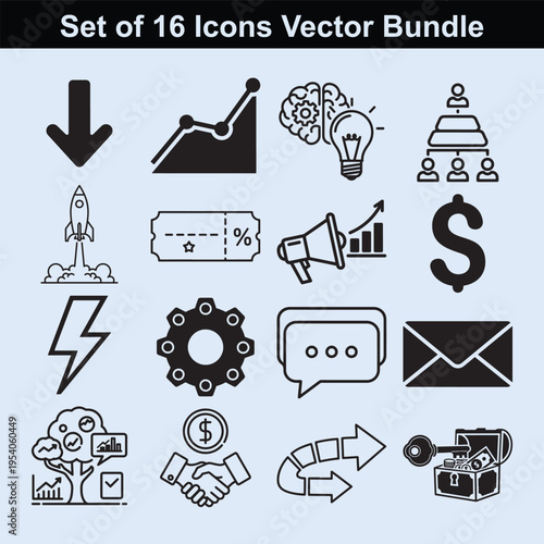 Business growth and communication icons showing arrow down trend chart brain idea lightbulb hierarchy rocket ship discount ticket and dollar sign