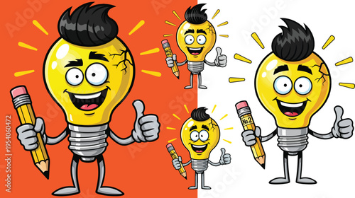 Cartoon mascot illustration of a brightly lit idea lightbulb character giving a thumbs up while holding a large pencil on transparent background