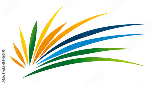 Graphic design of colorful abstract curves radiating from a single point, on a white background