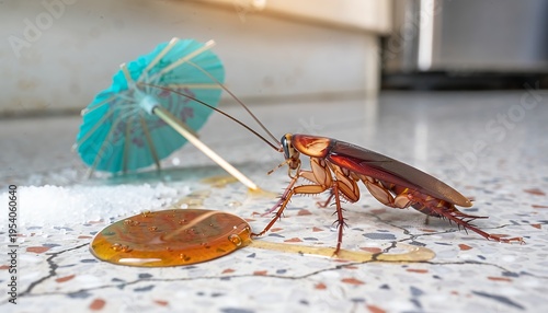 Ultra Detailed Macro Close-Up of a Brown Cockroach on Terrazzo Floor Next to Spilled Honey or Syrup, Scattered Sugar Granules and a Small Turquoise Cocktail Umbrella