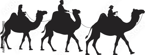 Camel caravan silhouettes with riders traveling in desert, traditional transport concept, nomad lifestyle illustration, cultural journey, Middle Eastern travel, historical scene