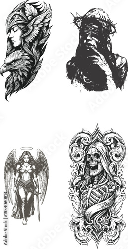 Tattoo designs with skulls and angels vector illustration