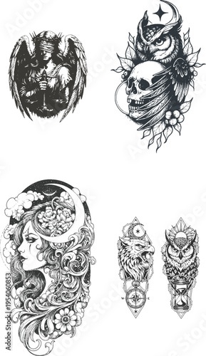 Tattoo designs with skulls and fantasy elements vector illustration
