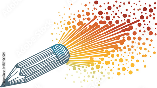 Illustration of a pencil radiating lines and dots in warm hues against a white background