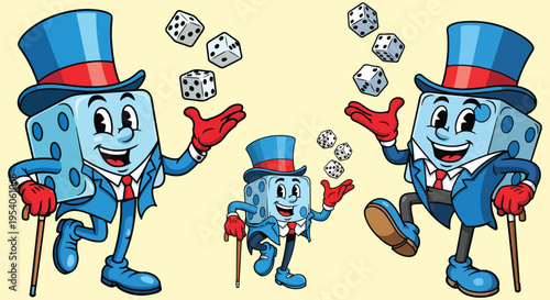 Collection of three anthropomorphic blue dice characters wearing formal magician top hats and juggling smaller dice on transparent background