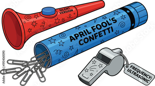 Several novelty noisemakers and prank tools, including paperclip confetti and an ultrasonic whistle, are arranged together.