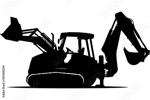 Black and White Backhoe Loader Vector Illustration