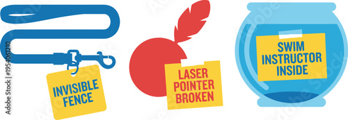 Various prank items like a leash, laser pointer accessory, and fishbowl are displayed with deceptive labels.