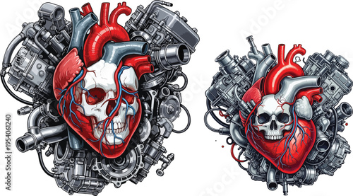 Detailed anatomical human heart illustration merged intricately with complex mechanical engine parts symbolizing deep passion on transparent background