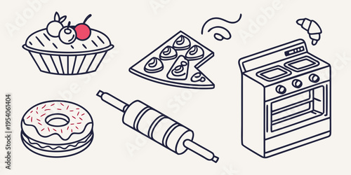 Bakery with oven and utensils bakery oven rolling pin cupcake donut pizza