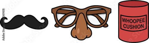 Novelty disguise items including a fake mustache, glasses with a nose, and a whoopee cushion suggest pranks.