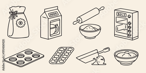 Baking Ingredients and Tools Line baking bag milk carton rolling pin oven muffin tin