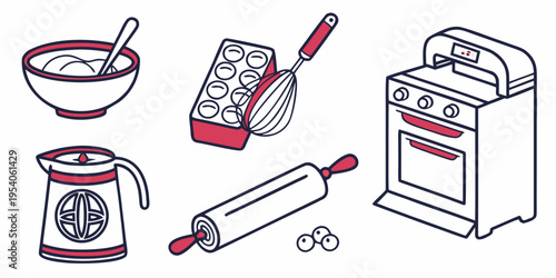 Baking tools and kitchen appliances on white background red accents black outlines