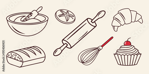 Baking tools and pastries rolling pin whisk