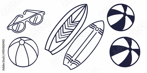 Beach and summer with surfboards and sunglasses beach ball