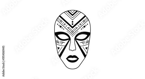 A stylized, abstract tribal mask with a serene expression, featuring a minimalist design on a clean white background