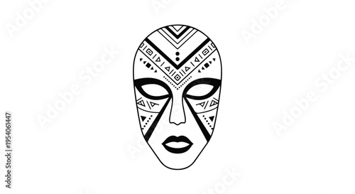 A stylized Abstract Mask with tribal patterns on a plain white background, showcasing a minimalist and modern design aesthetic