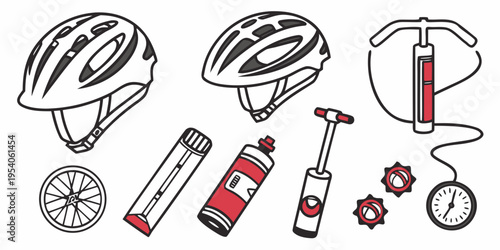 Bicycle accessories on white background helmets bike wheel pump