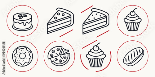 Black and red line of desserts cake cupcake donut pizza