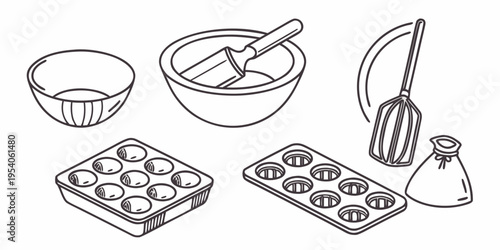 Black and white line of baking supplies line black and white mixing bowls baking trays