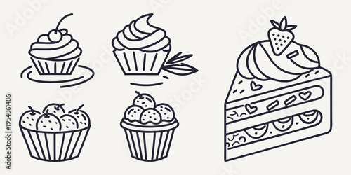 Black and white line of cupcakes and cake line black and white dessert bakery