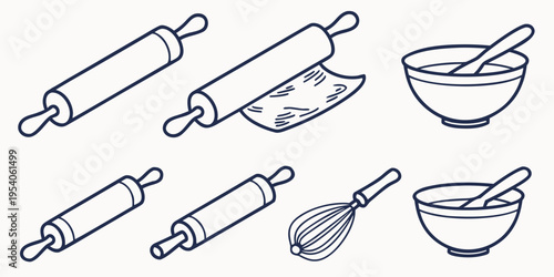 Black and white of baking tools line rolling pin whisk bowls