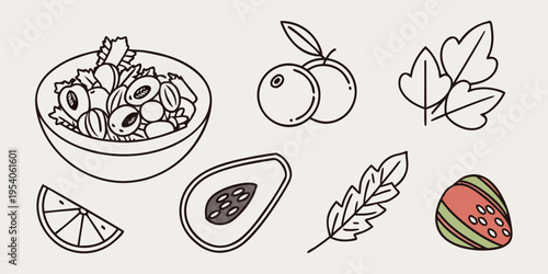 Fresh food and fruit line salad bowl avocado leaf