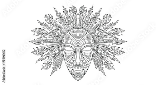 Detailed illustration of an Abstract Mask with tribal patterns and floral motifs on a plain white background