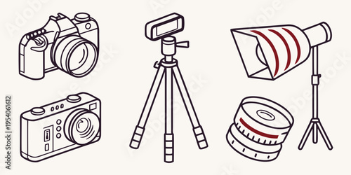 Equipment on beige background cameras tripod studio light