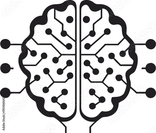 Black and white of a brain with circuit board details