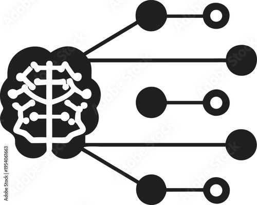 Black and white of a brain connected to nodes and lines