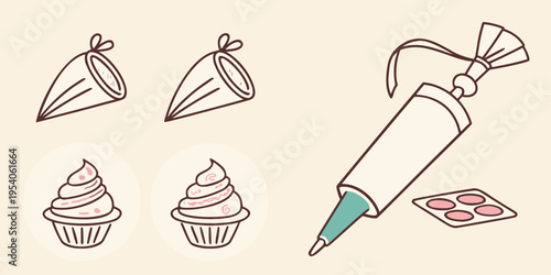 Line of baking tools and cupcakes icing bags pastry bags baking tray