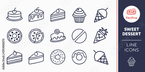 Line of various sweet desserts line cake cupcake donut