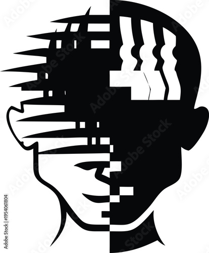 Black and white glitch effect on a human head error distortion