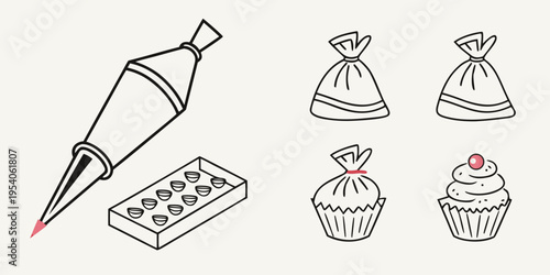 Bakery with pastry bag and cupcakes icing