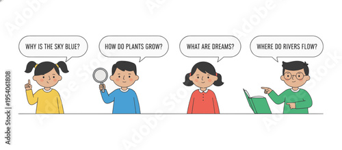 Curious children asking educational questions with speech bubbles. Flat design vector illustration of kids learning. School and education concept isolated on transparent background