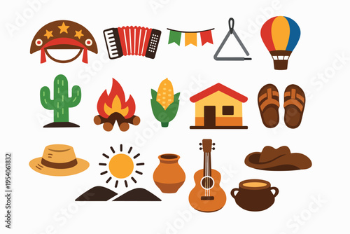 Cultura Nordestina Brasileira – Vetores Flat Simples de Festa Junina e Tradições do Nordeste | Brazilian Northeast Culture – Simple Flat Vector Icons of Festa Junina and Northeastern Traditions