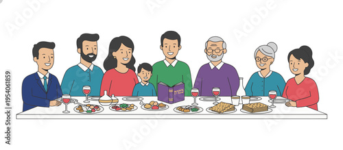 Jewish family at Passover Seder table. Flat design vector illustration. Isolated on transparent background
