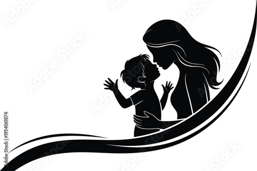 mother, child, love, silhouettes, family, care, parenting, motherhood, affection, bonding, baby, woman, emotion, tenderness, vector, illustration, black, white, design, relationship