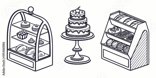 Black and white of bakery display cases and desserts cakes pastries