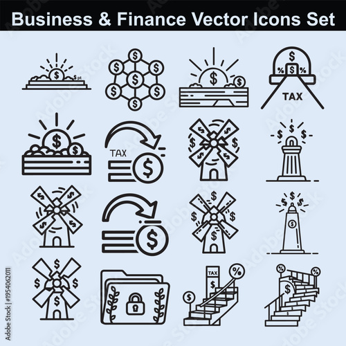 Set of finance and business outline icons featuring windmill money tax deduction and growth concepts for corporate accounting and financial planning