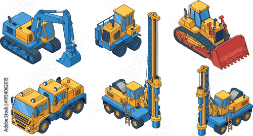 Isometric collection of heavy construction machinery including excavator bulldozer drilling rig and truck icons isolated on white background for industrial building design