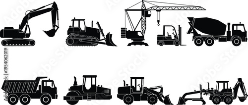 Collection of black silhouettes of heavy construction machinery icons including excavator bulldozer crane forklift mixer truck dump truck roller and backhoe loader