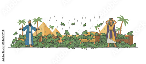Ten plagues of Egypt plague of frogs. Moses and Pharaoh biblical story concept. Flat design vector illustration isolated on transparent background
