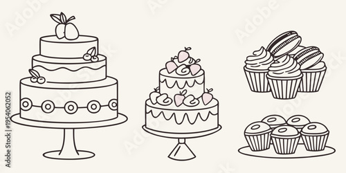 Line of cakes and cupcakes on stands and plates muffins line black and white bakery